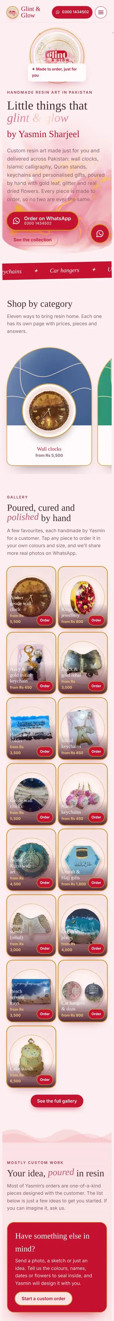The Glint & Glow website on a phone